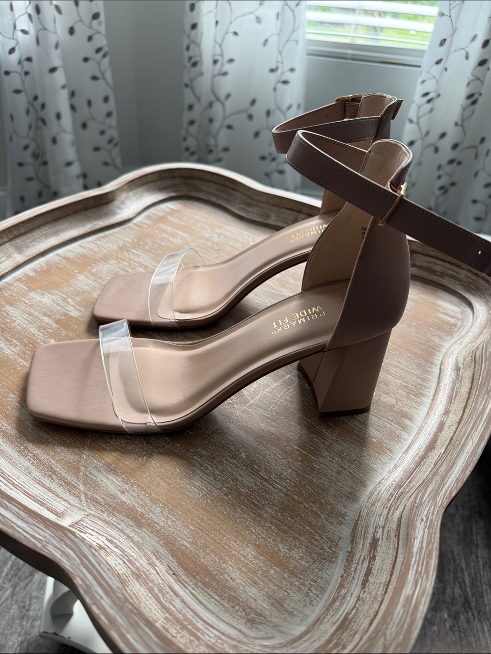Primark Nude Block Heel Sandals with Clear Toe Strap and Ankle Buckle 10